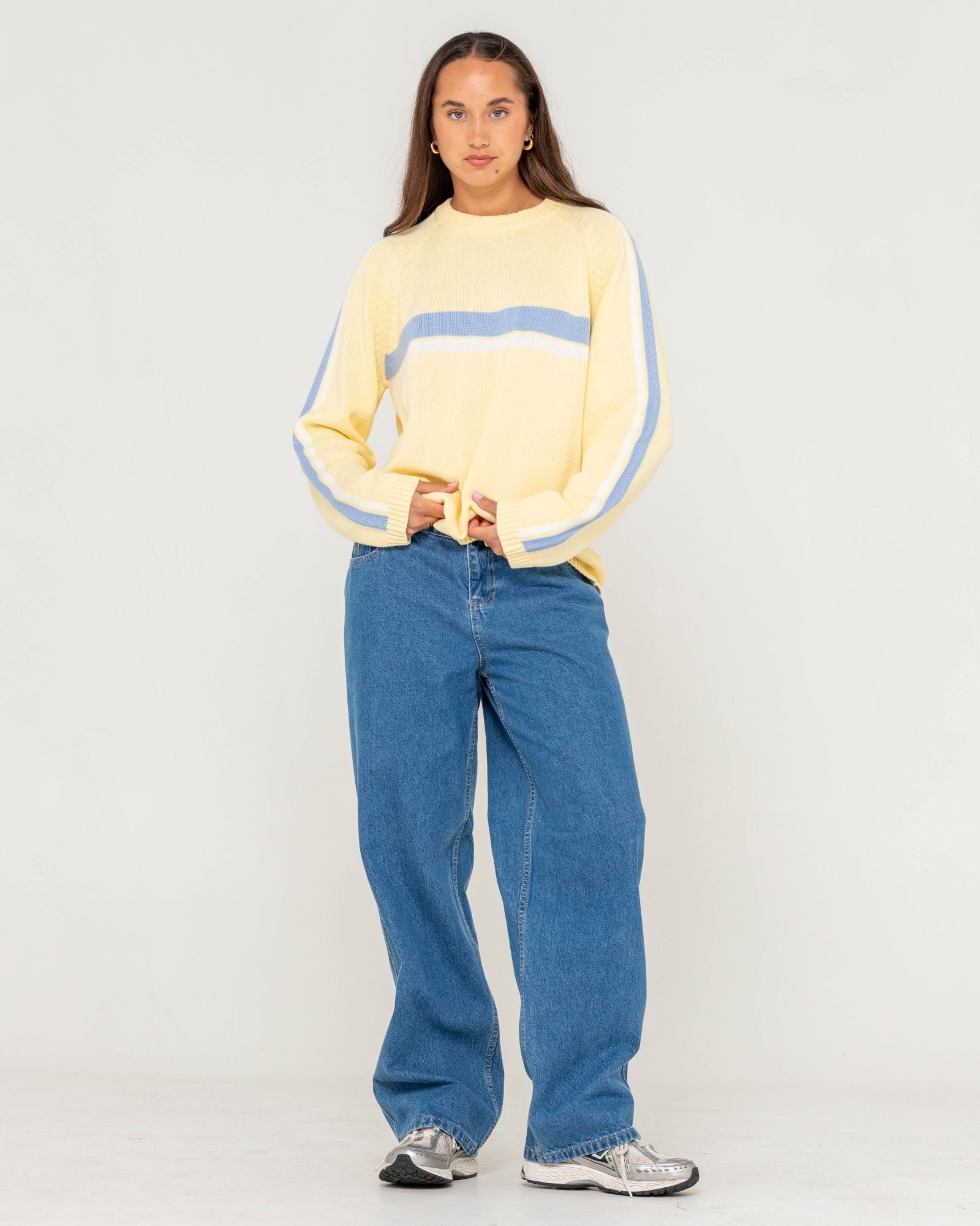 Rusty White Lines Crew Knit - Banana + Retro Blue