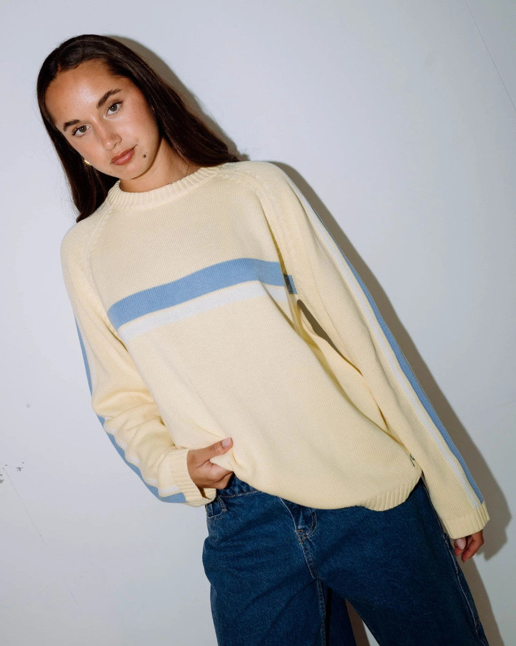 Rusty White Lines Crew Knit - Banana + Retro Blue